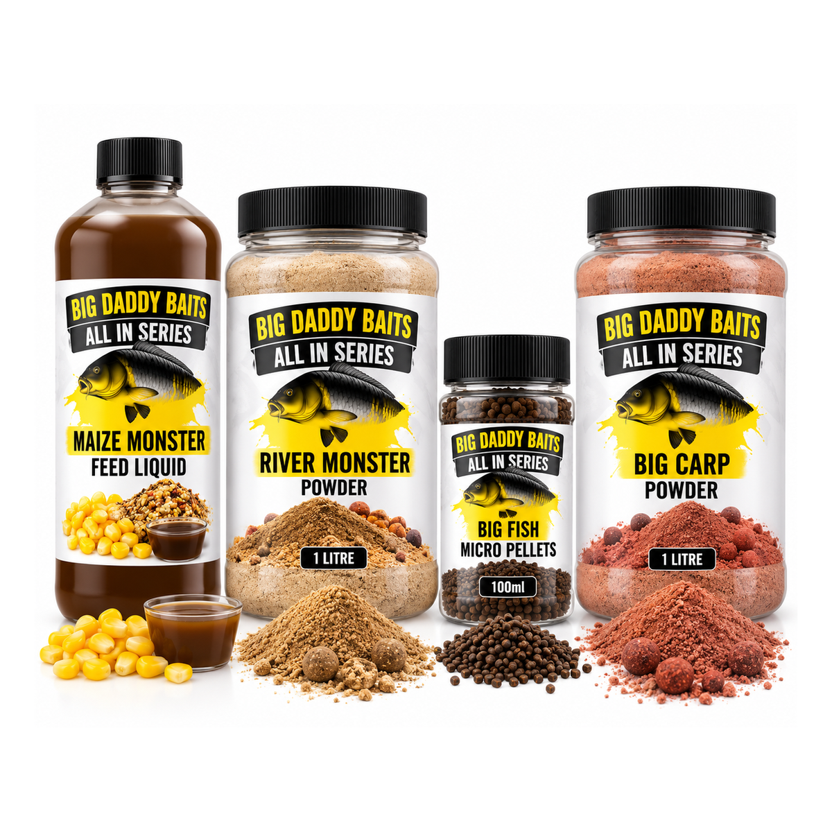 Illustrative Big Daddy Baits All In Series Feed Boosters Powders and Micro Pellets range